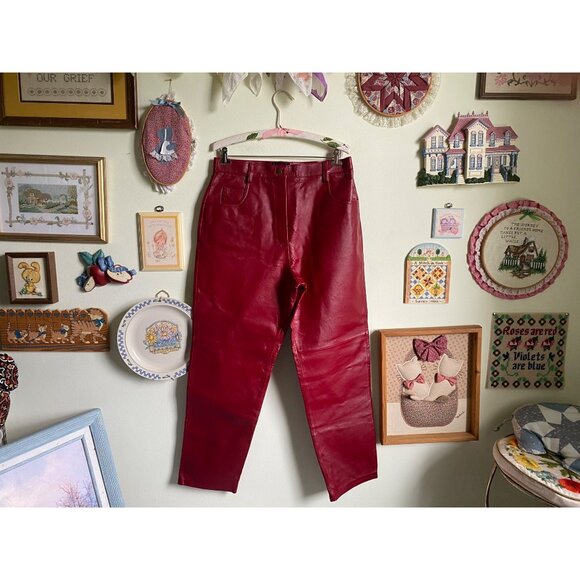 90's VTG MetroStyle red 100% leather straight leg high waisted pants 32" W - Picture 1 of 9